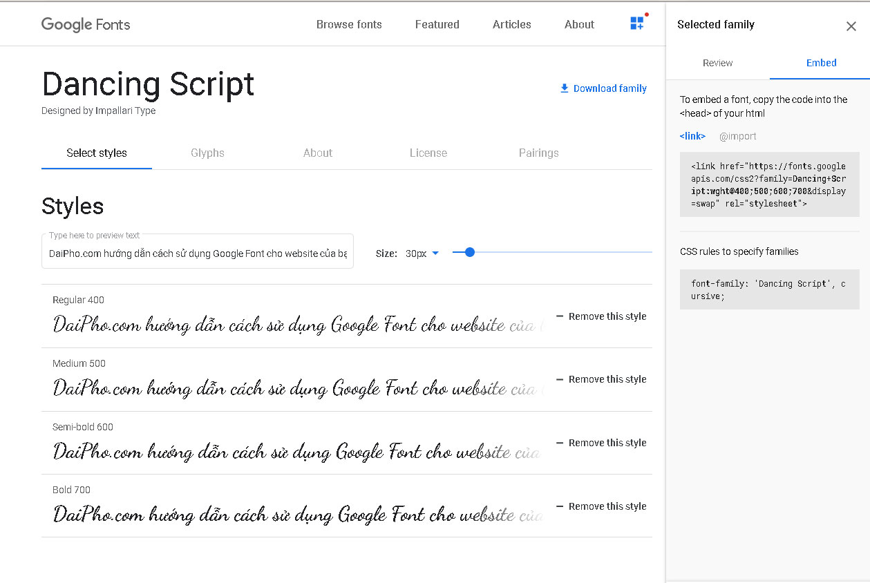 Code mẫu hướng dẫn sử dụng google font Dancing Script