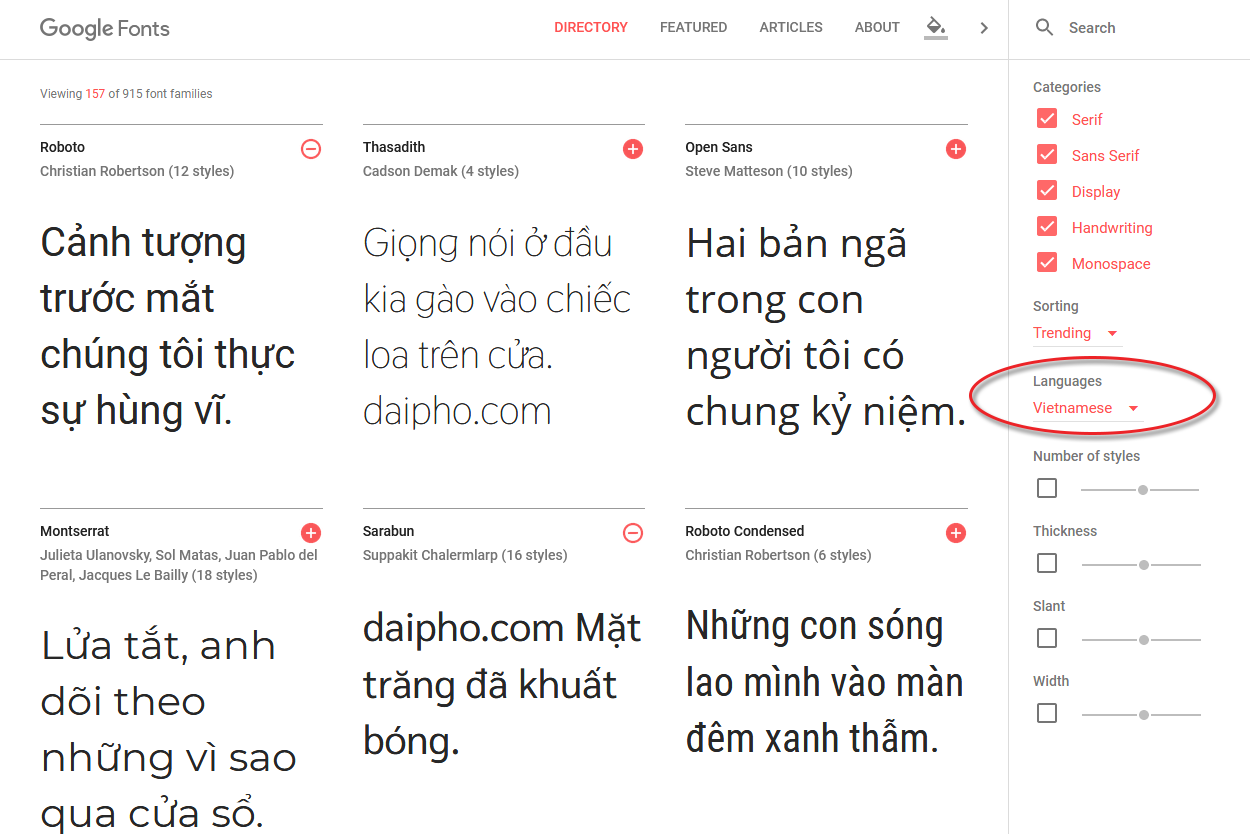 chọn tiếng Việt Google Fonts